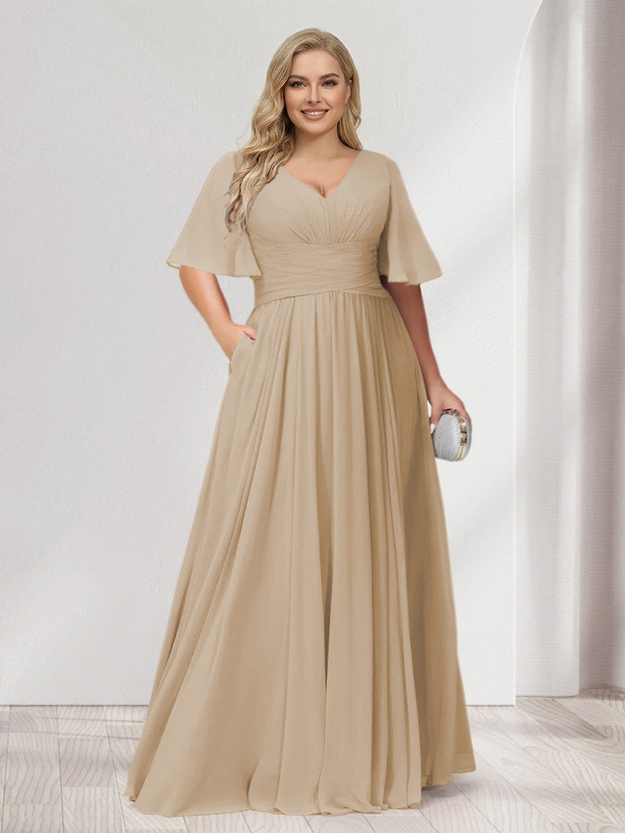 A-Line/Princess V-Neck Half Sleeves Chiffon Plus Size Bridesmaid Dresses with Pockets Champagne
