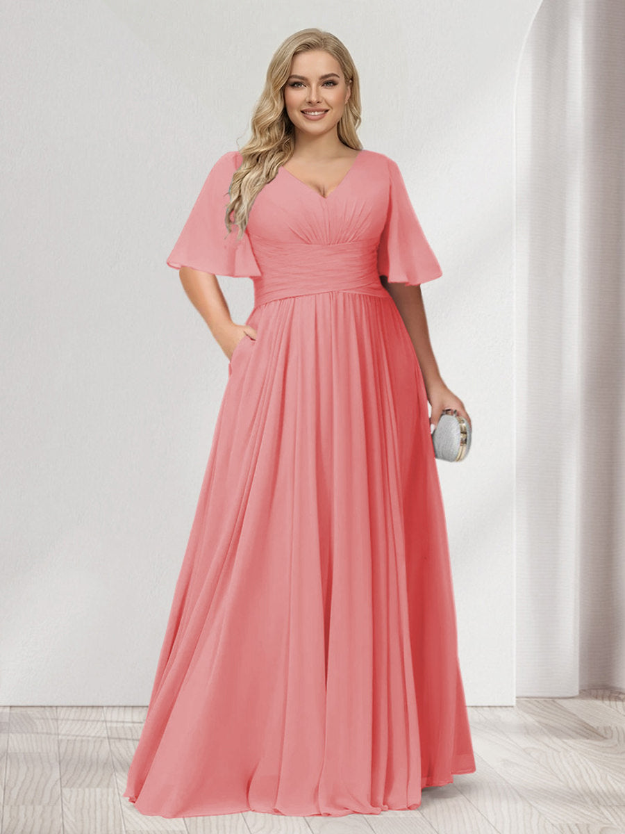 A-Line/Princess V-Neck Half Sleeves Chiffon Plus Size Bridesmaid Dresses with Pockets Coral