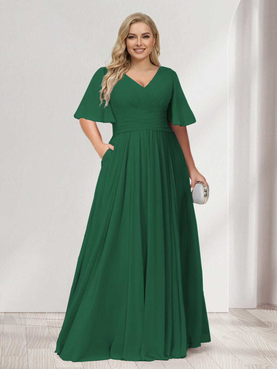 A-Line/Princess V-Neck Half Sleeves Chiffon Plus Size Bridesmaid Dresses with Pockets Dark Green
