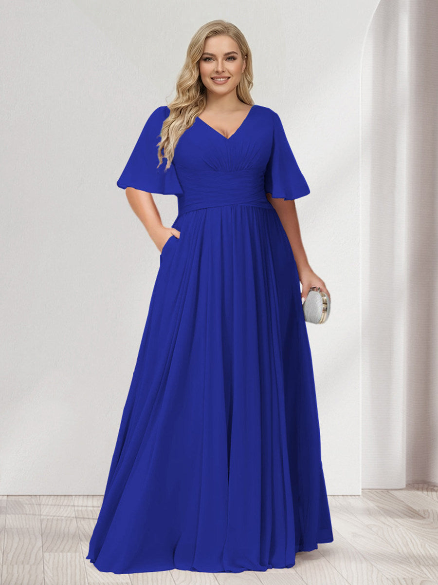 A-Line/Princess V-Neck Half Sleeves Chiffon Plus Size Bridesmaid Dresses with Pockets Dark Royal Blue