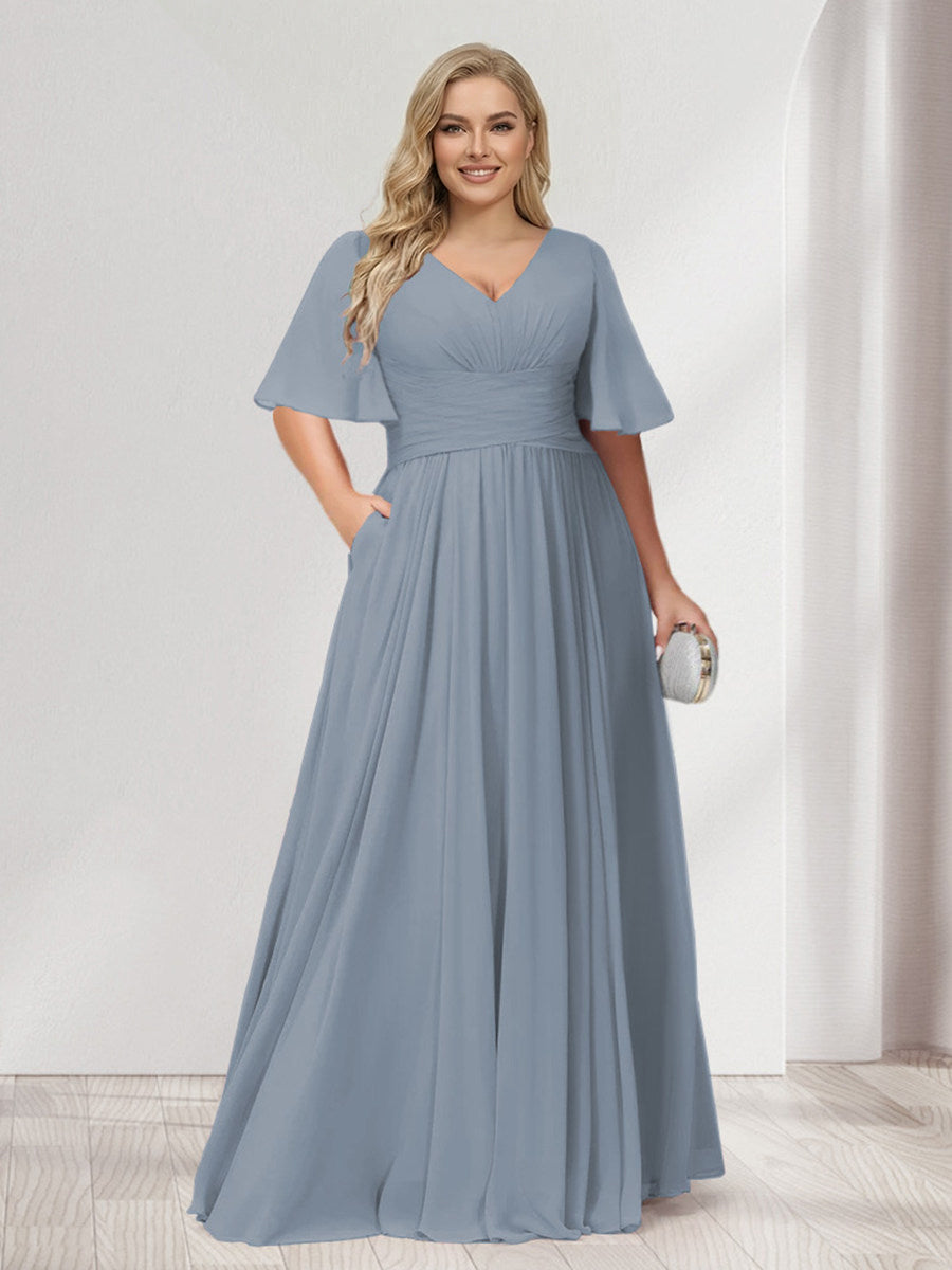 A-Line/Princess V-Neck Half Sleeves Chiffon Plus Size Bridesmaid Dresses with Pockets Dusty Blue