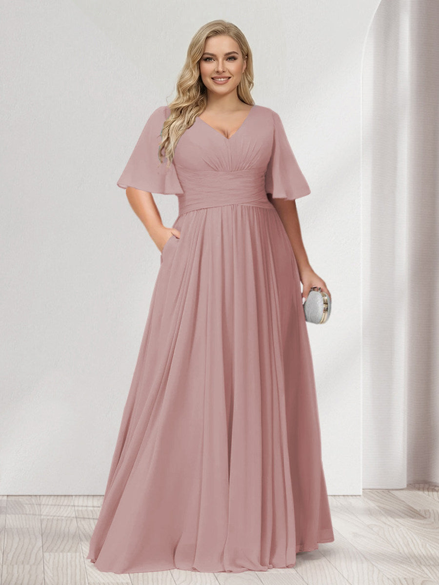 A-Line/Princess V-Neck Half Sleeves Chiffon Plus Size Bridesmaid Dresses with Pockets Dusty Pink