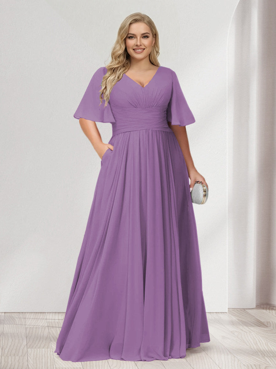 A-Line/Princess V-Neck Half Sleeves Chiffon Plus Size Bridesmaid Dresses with Pockets Dusty Purple