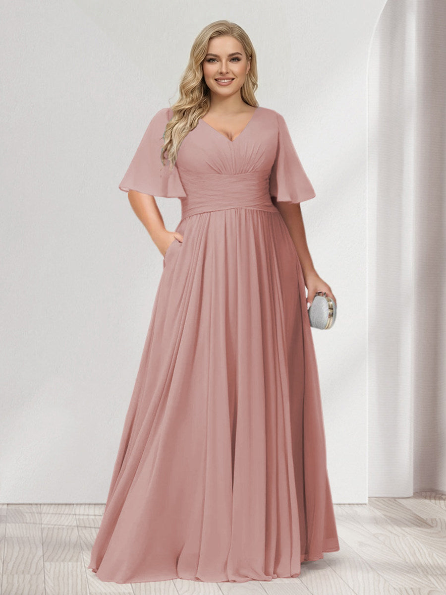A-Line/Princess V-Neck Half Sleeves Chiffon Plus Size Bridesmaid Dresses with Pockets Dusty Rose