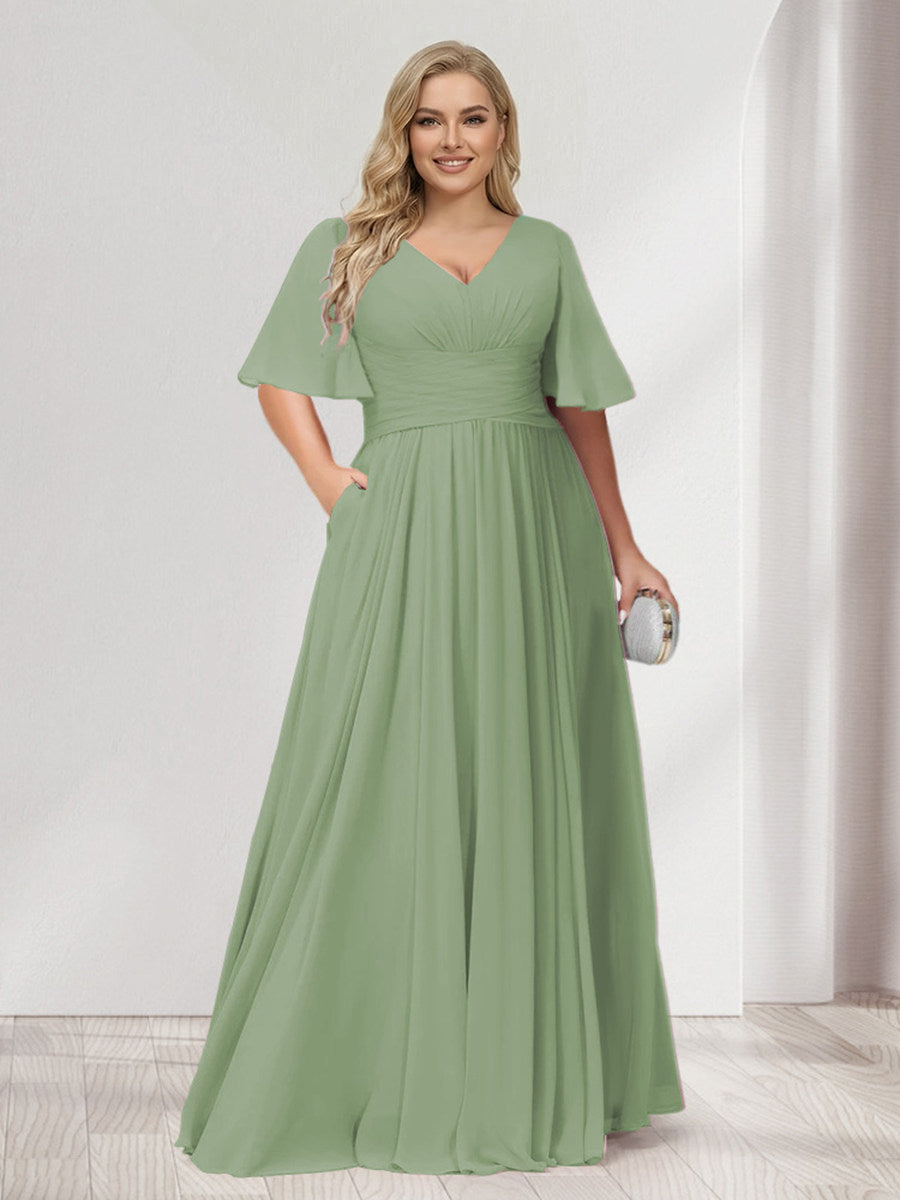 A-Line/Princess V-Neck Half Sleeves Chiffon Plus Size Bridesmaid Dresses with Pockets Dusty Sage
