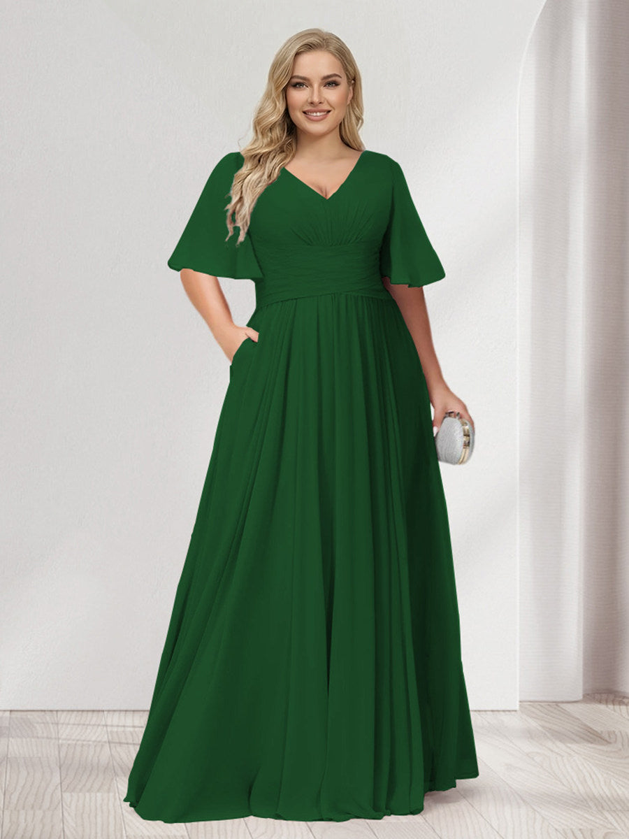 A-Line/Princess V-Neck Half Sleeves Chiffon Plus Size Bridesmaid Dresses with Pockets Emerald