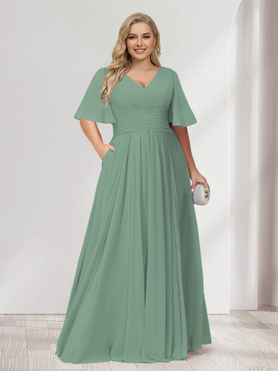 A-Line/Princess V-Neck Half Sleeves Chiffon Plus Size Bridesmaid Dresses with Pockets Eucalyptus