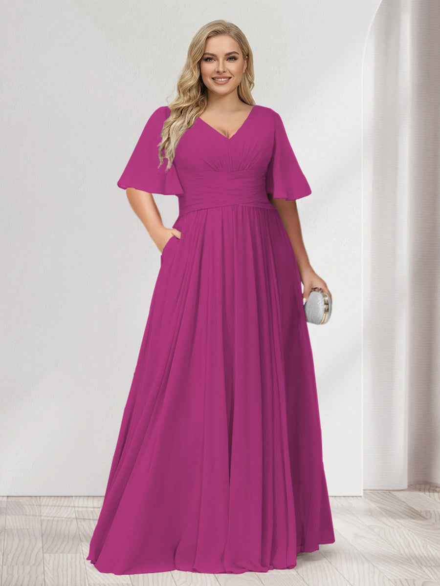 A-Line/Princess V-Neck Half Sleeves Chiffon Plus Size Bridesmaid Dresses with Pockets Fuchsia
