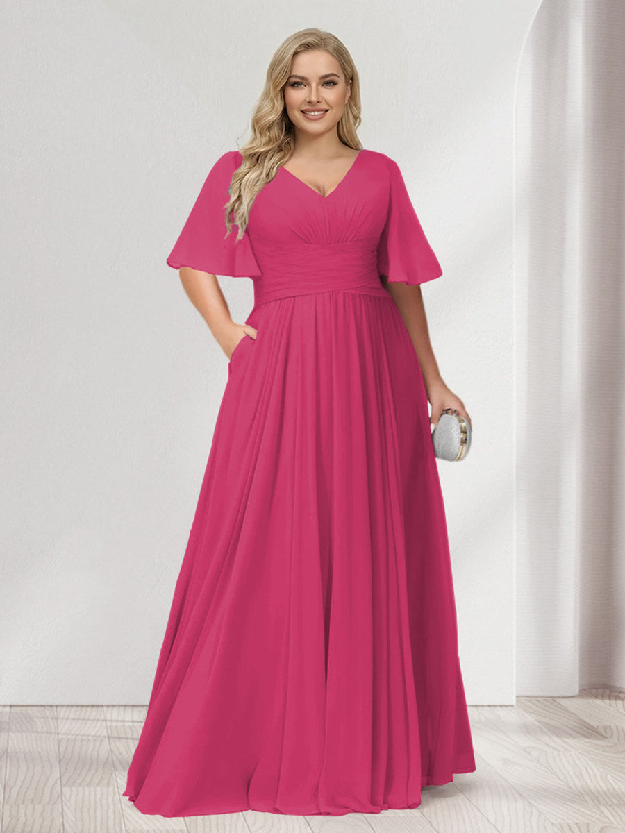 A-Line/Princess V-Neck Half Sleeves Chiffon Plus Size Bridesmaid Dresses with Pockets Fuchsia Pink
