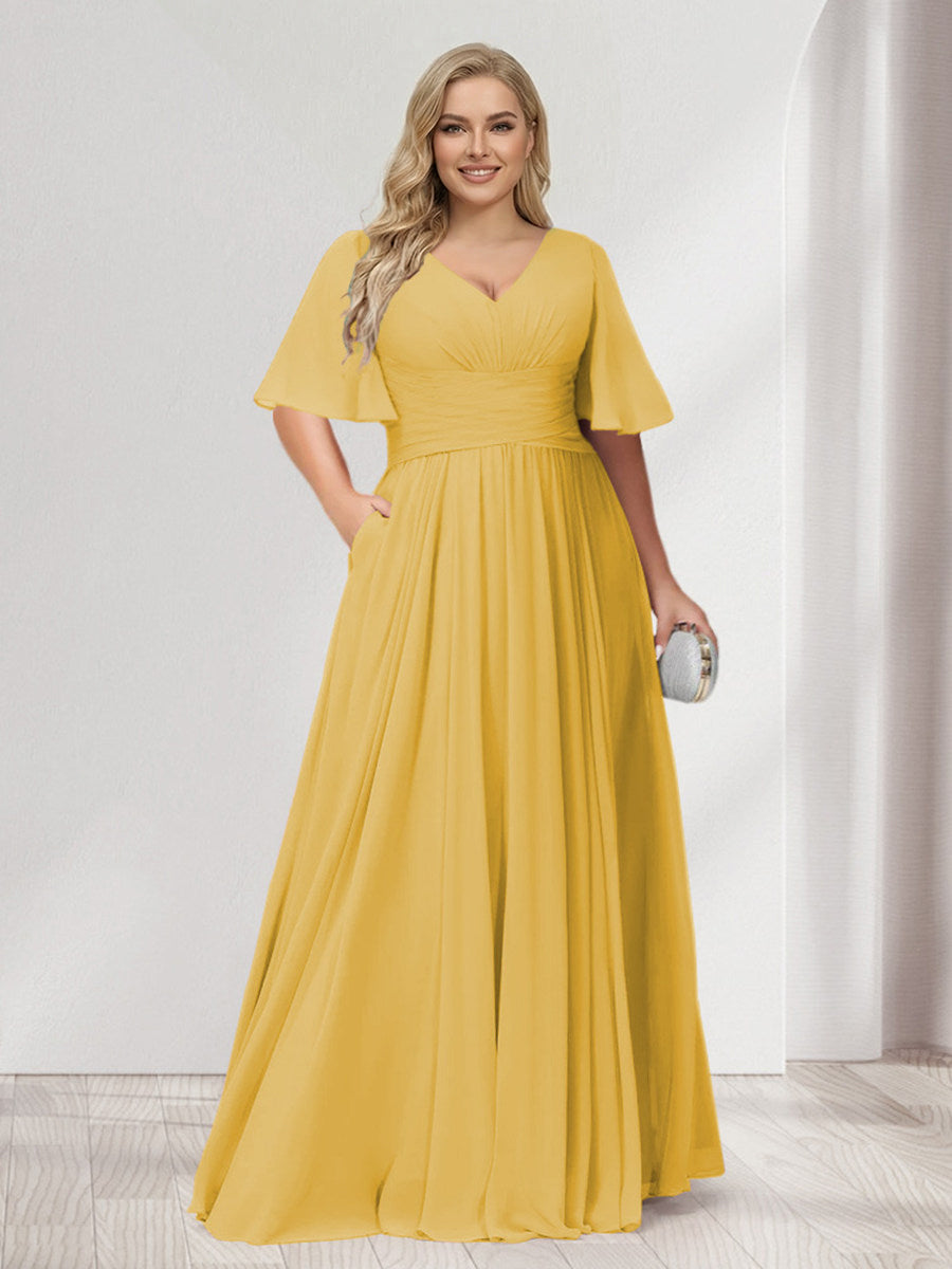 A-Line/Princess V-Neck Half Sleeves Chiffon Plus Size Bridesmaid Dresses with Pockets Gold