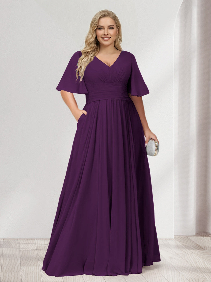 A-Line/Princess V-Neck Half Sleeves Chiffon Plus Size Bridesmaid Dresses with Pockets Grape
