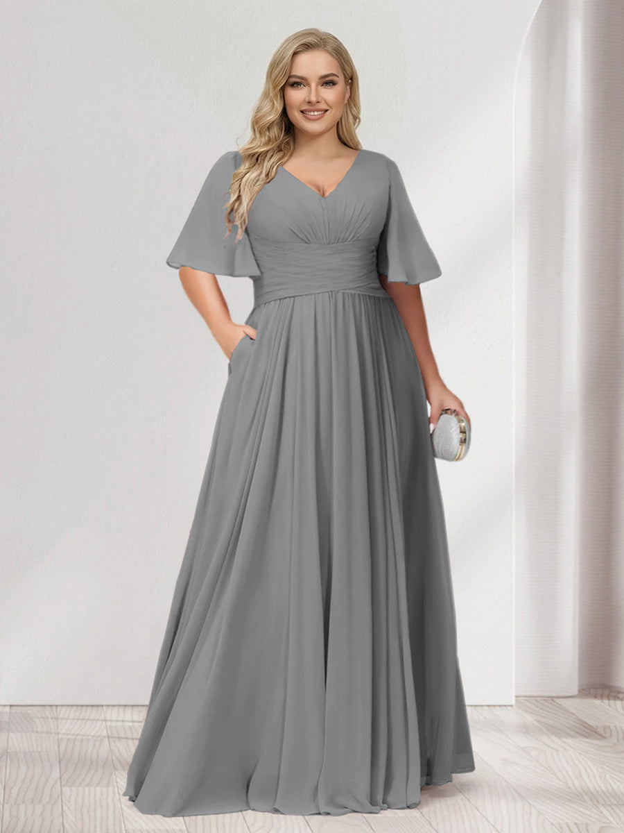 A-Line/Princess V-Neck Half Sleeves Chiffon Plus Size Bridesmaid Dresses with Pockets Gray
