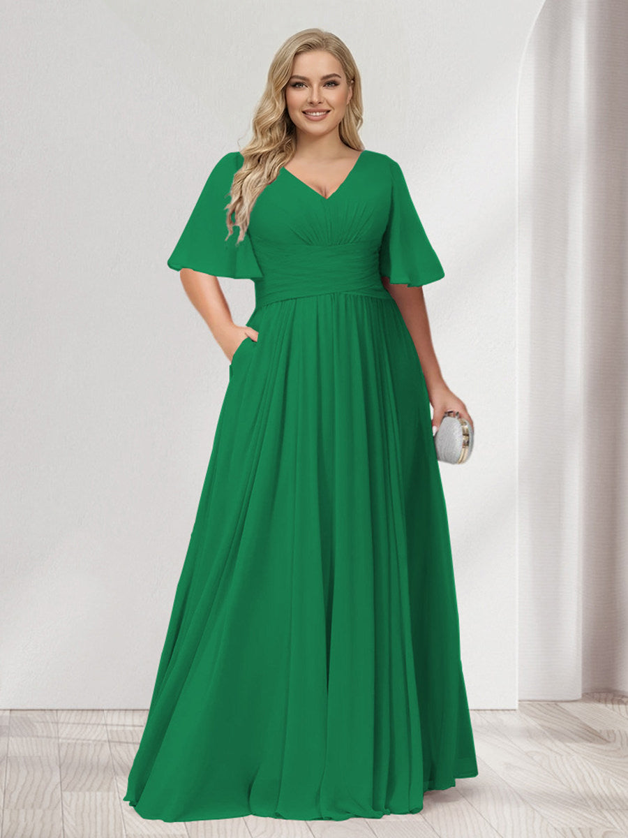 A-Line/Princess V-Neck Half Sleeves Chiffon Plus Size Bridesmaid Dresses with Pockets Green