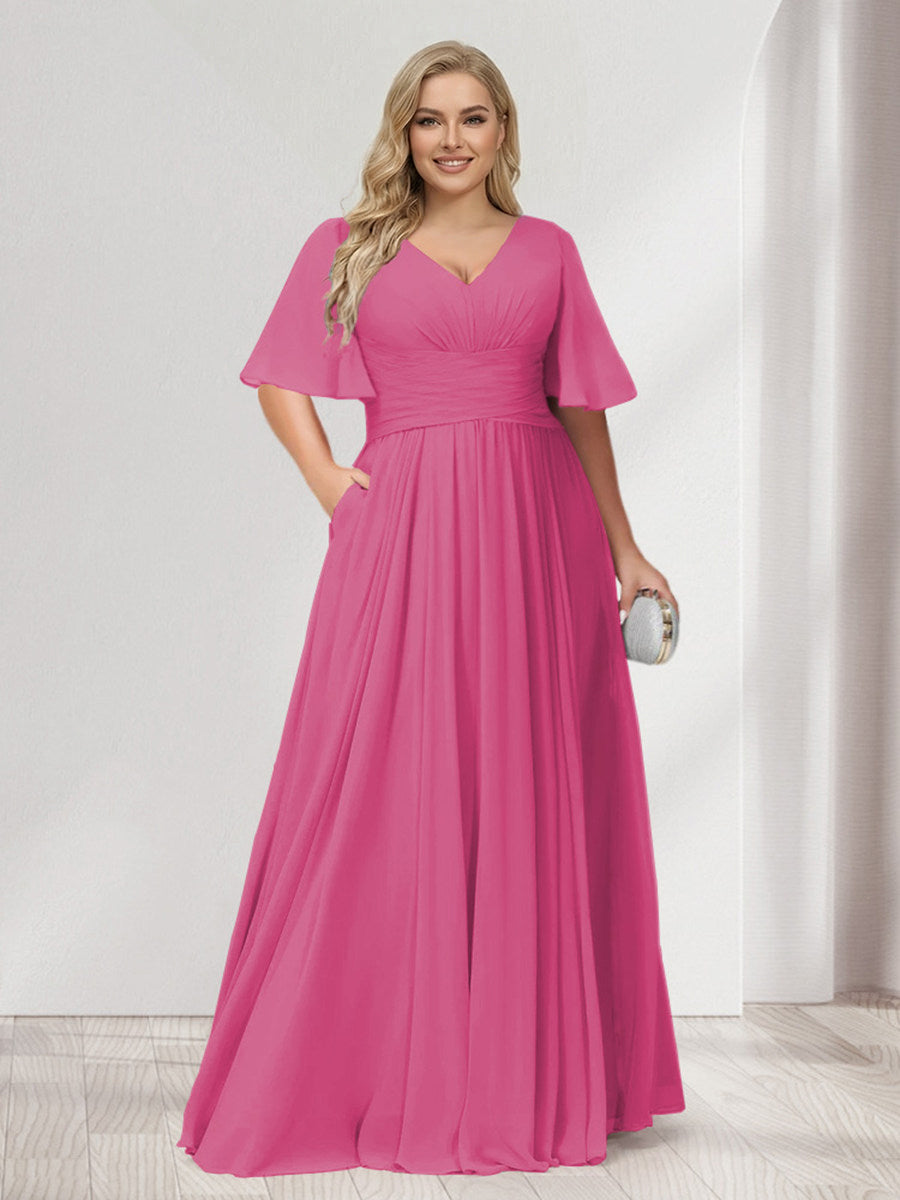 A-Line/Princess V-Neck Half Sleeves Chiffon Plus Size Bridesmaid Dresses with Pockets Hot Pink