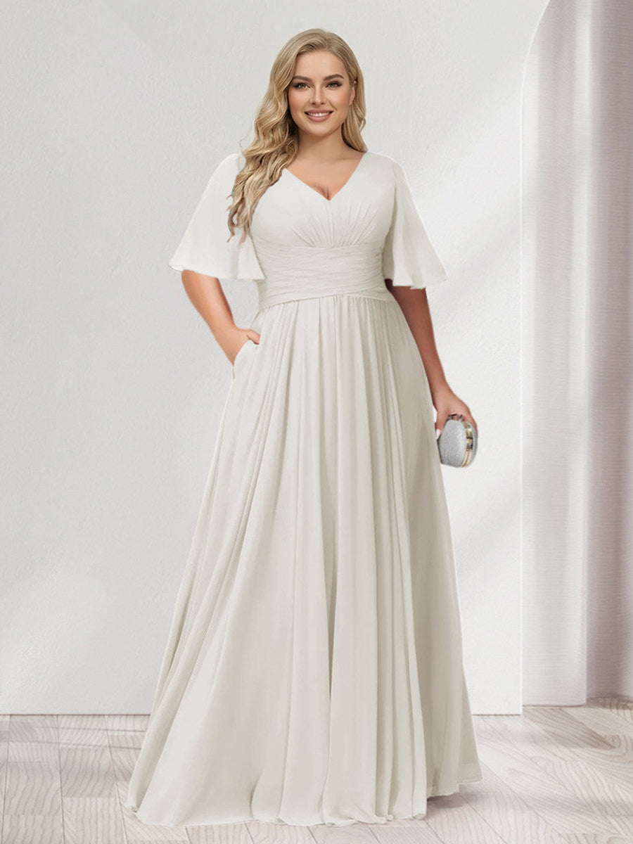 A-Line/Princess V-Neck Half Sleeves Chiffon Plus Size Bridesmaid Dresses with Pockets Ivory