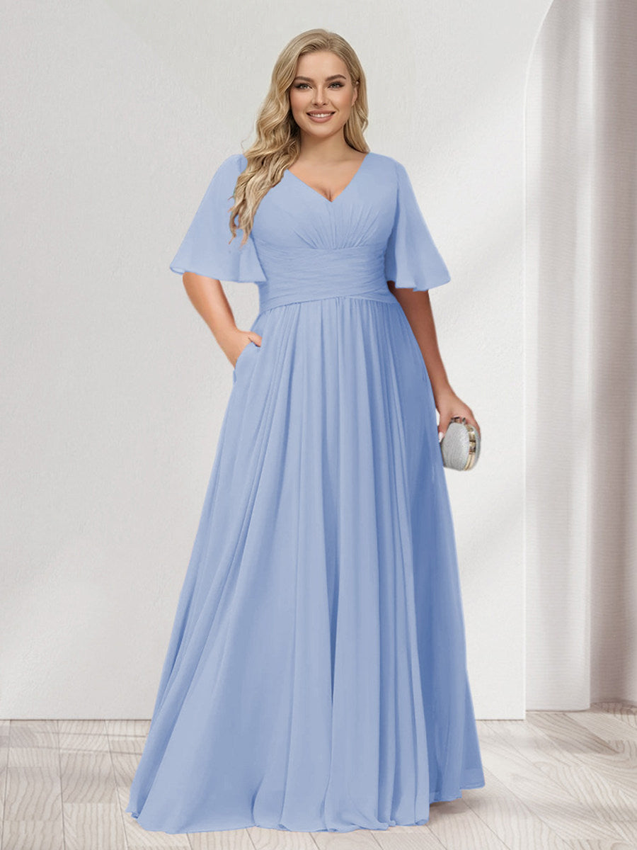 A-Line/Princess V-Neck Half Sleeves Chiffon Plus Size Bridesmaid Dresses with Pockets Lavender
