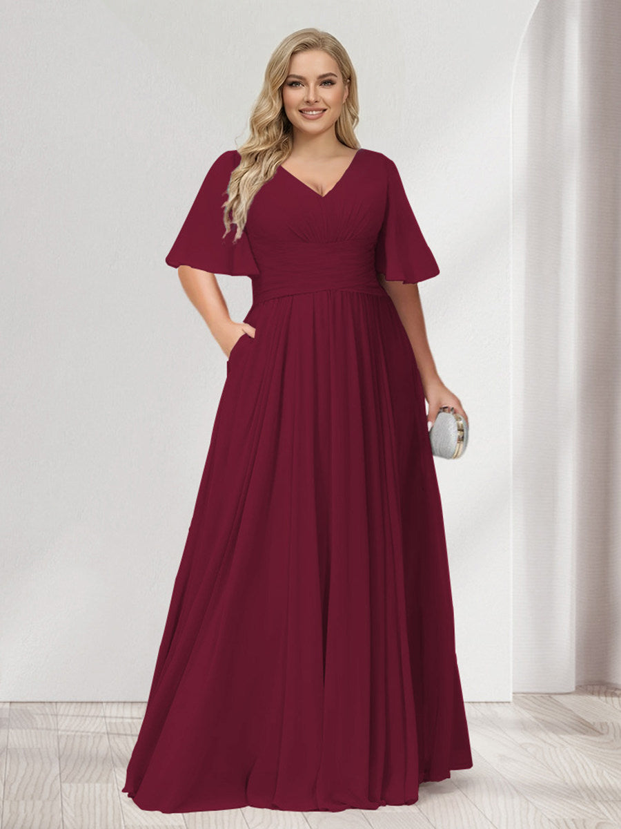 A-Line/Princess V-Neck Half Sleeves Chiffon Plus Size Bridesmaid Dresses with Pockets Light Burgundy