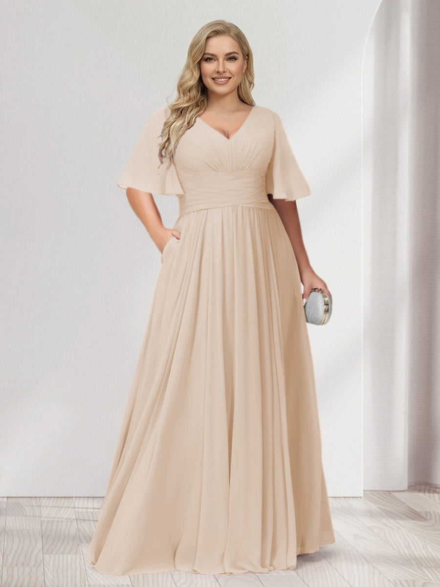 A-Line/Princess V-Neck Half Sleeves Chiffon Plus Size Bridesmaid Dresses with Pockets Light Champagne