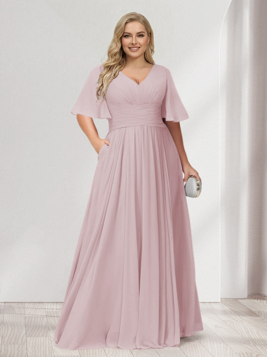 A-Line/Princess V-Neck Half Sleeves Chiffon Plus Size Bridesmaid Dresses with Pockets Light Pink
