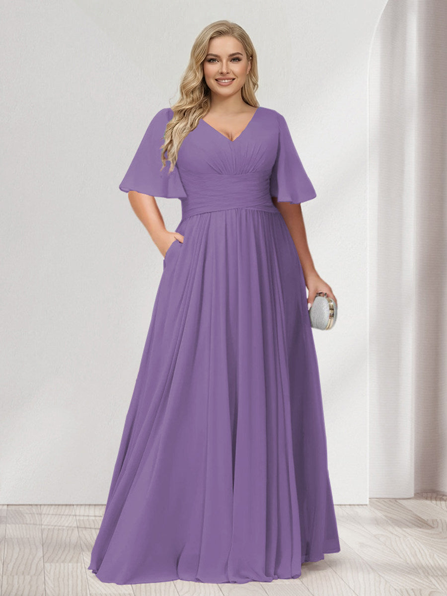 A-Line/Princess V-Neck Half Sleeves Chiffon Plus Size Bridesmaid Dresses with Pockets Light Purple