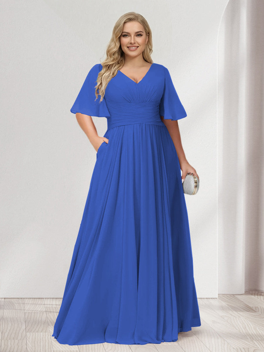 A-Line/Princess V-Neck Half Sleeves Chiffon Plus Size Bridesmaid Dresses with Pockets Light Royal Blue