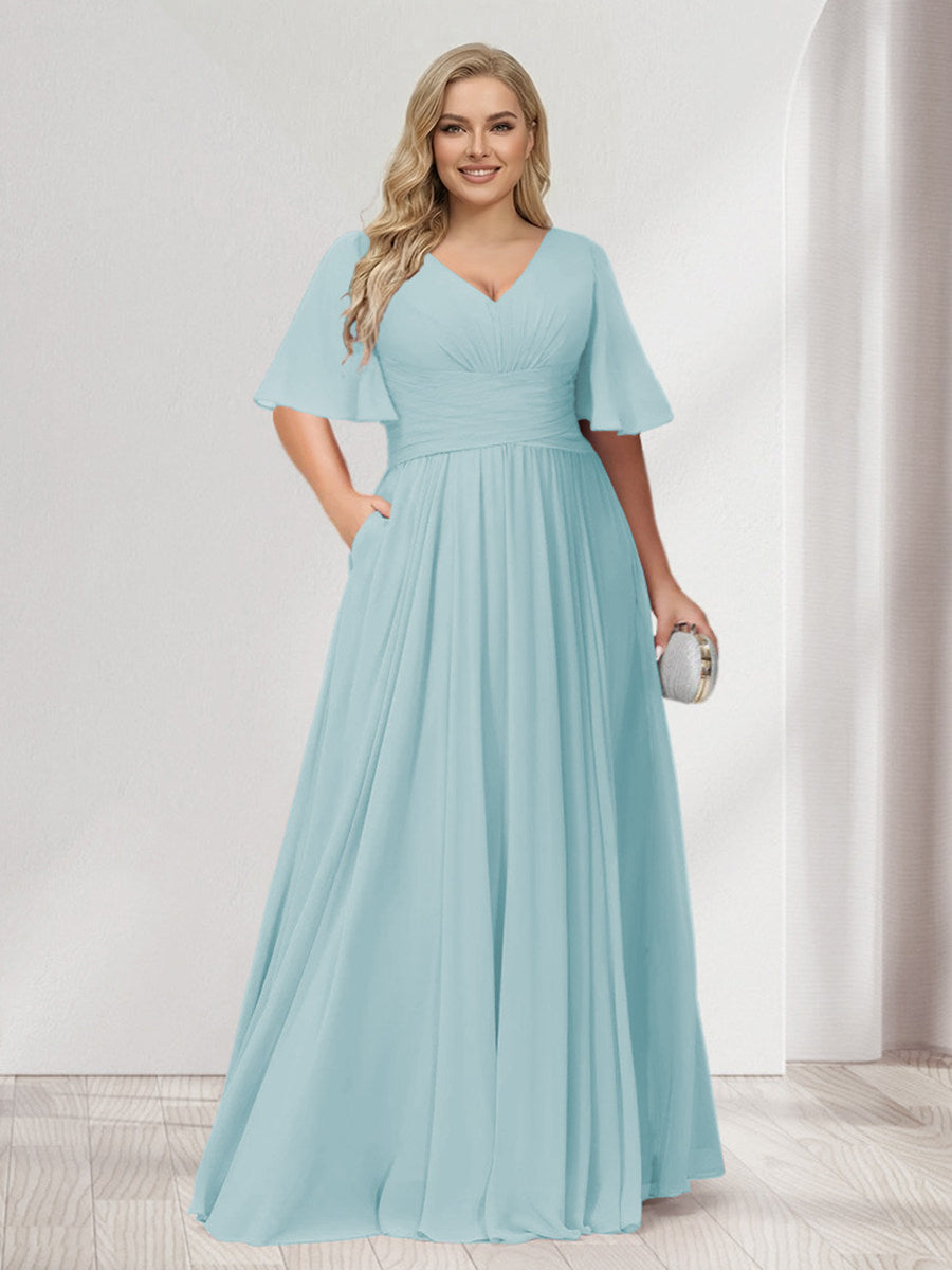A-Line/Princess V-Neck Half Sleeves Chiffon Plus Size Bridesmaid Dresses with Pockets Light Sky Blue