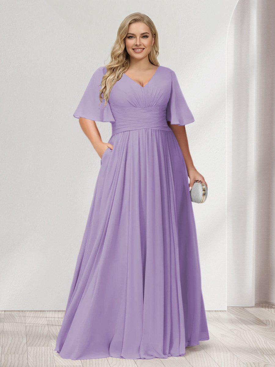 A-Line/Princess V-Neck Half Sleeves Chiffon Plus Size Bridesmaid Dresses with Pockets Lilac
