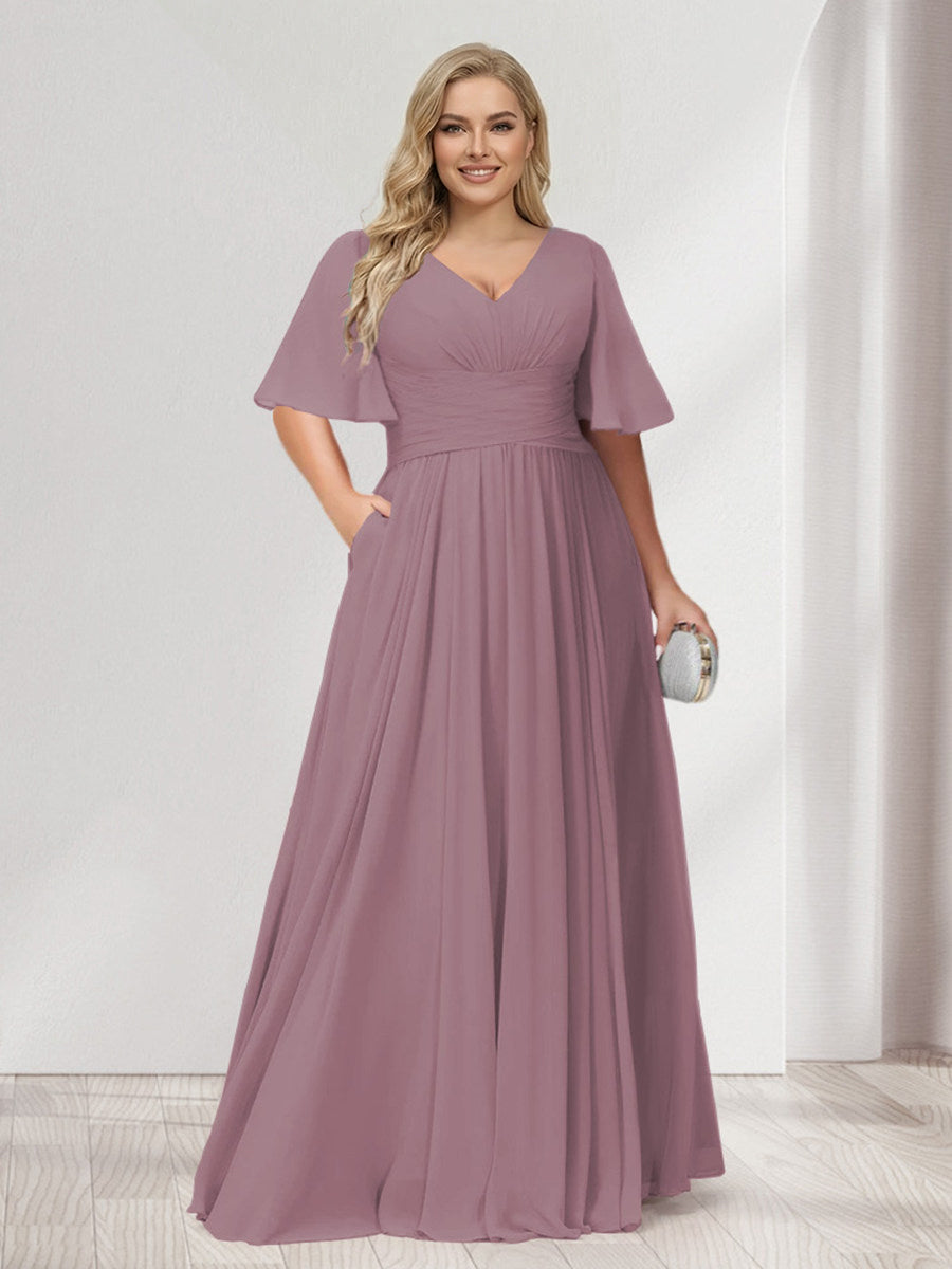 A-Line/Princess V-Neck Half Sleeves Chiffon Plus Size Bridesmaid Dresses with Pockets Mauve