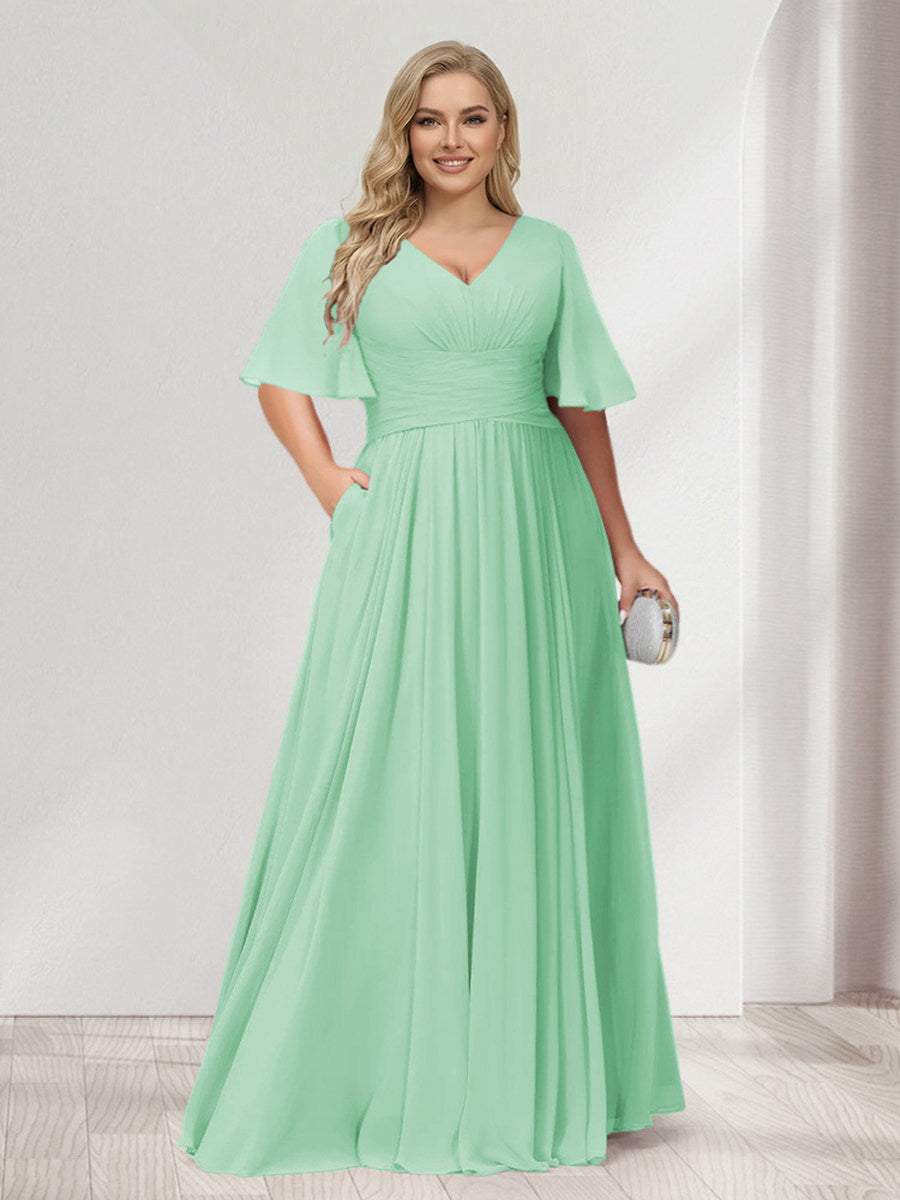 A-Line/Princess V-Neck Half Sleeves Chiffon Plus Size Bridesmaid Dresses with Pockets Mint Green