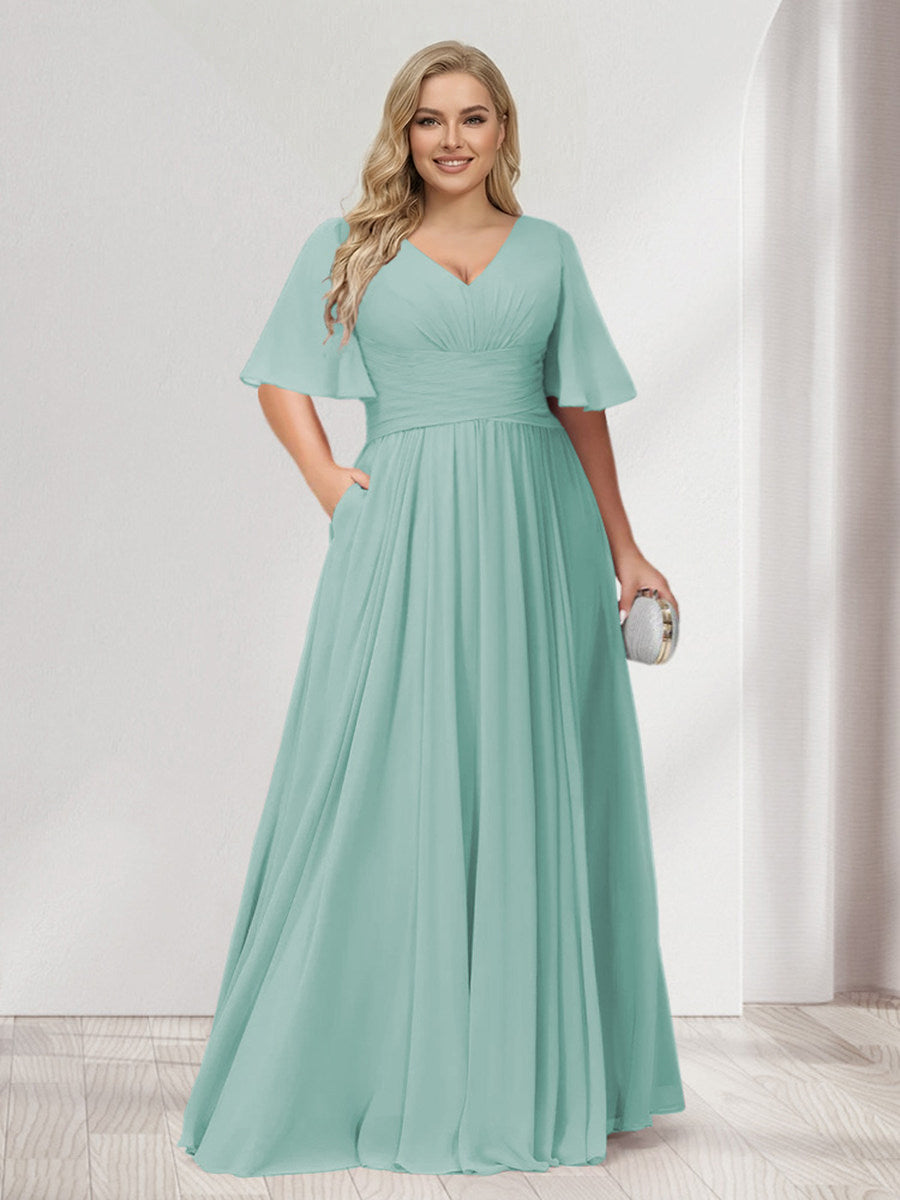 A-Line/Princess V-Neck Half Sleeves Chiffon Plus Size Bridesmaid Dresses with Pockets Mist Blue