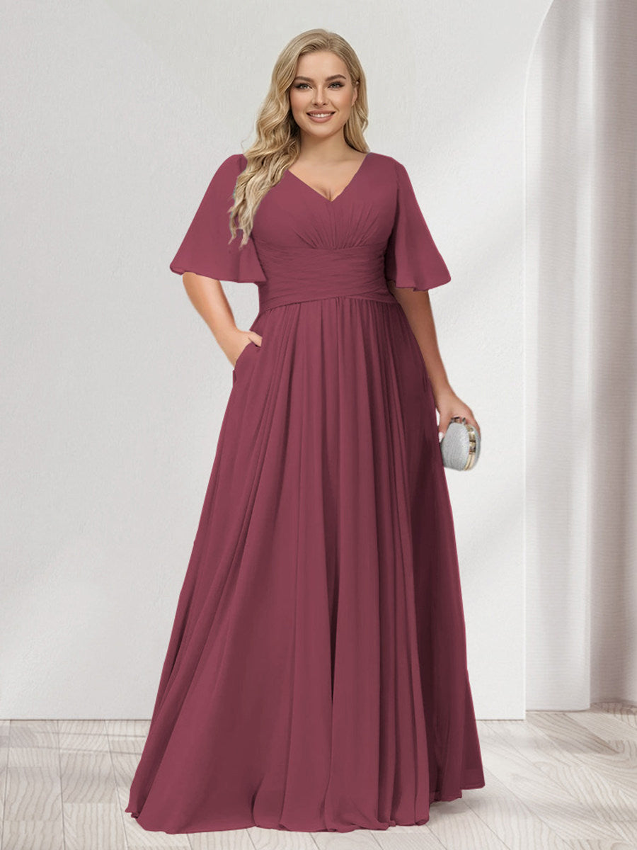 A-Line/Princess V-Neck Half Sleeves Chiffon Plus Size Bridesmaid Dresses with Pockets Mulberry