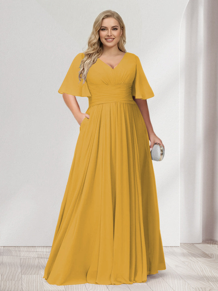 A-Line/Princess V-Neck Half Sleeves Chiffon Plus Size Bridesmaid Dresses with Pockets Mustard Yellow