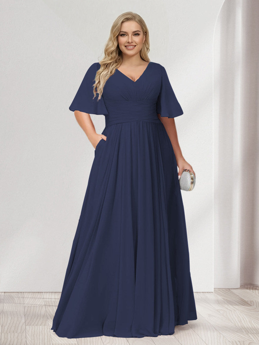A-Line/Princess V-Neck Half Sleeves Chiffon Plus Size Bridesmaid Dresses with Pockets Navy Blue