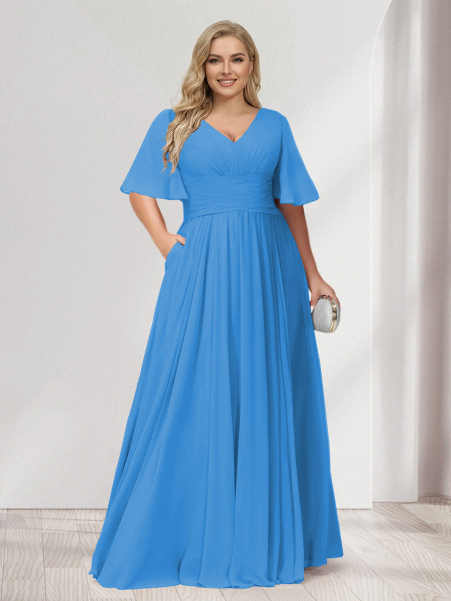 A-Line/Princess V-Neck Half Sleeves Chiffon Plus Size Bridesmaid Dresses with Pockets Ocean Blue