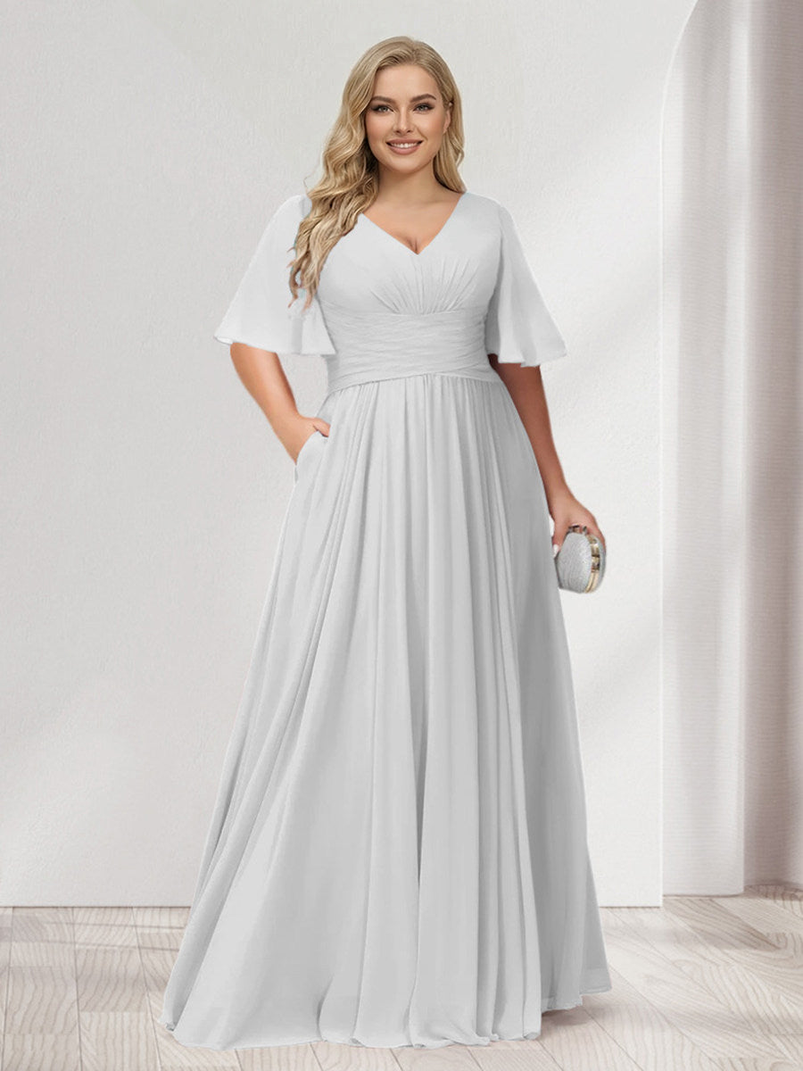 A-Line/Princess V-Neck Half Sleeves Chiffon Plus Size Bridesmaid Dresses with Pockets Off White