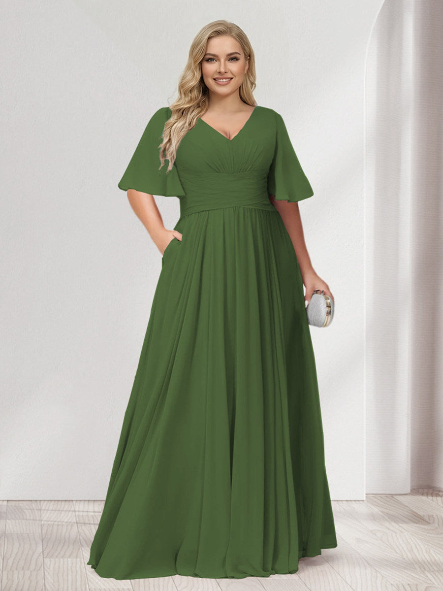 A-Line/Princess V-Neck Half Sleeves Chiffon Plus Size Bridesmaid Dresses with Pockets Olive Green