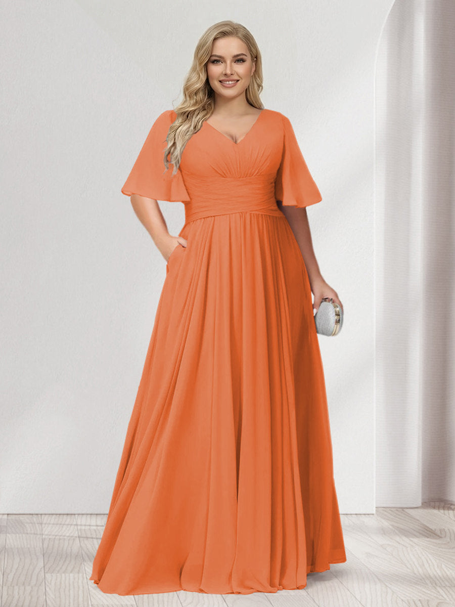 A-Line/Princess V-Neck Half Sleeves Chiffon Plus Size Bridesmaid Dresses with Pockets Orange