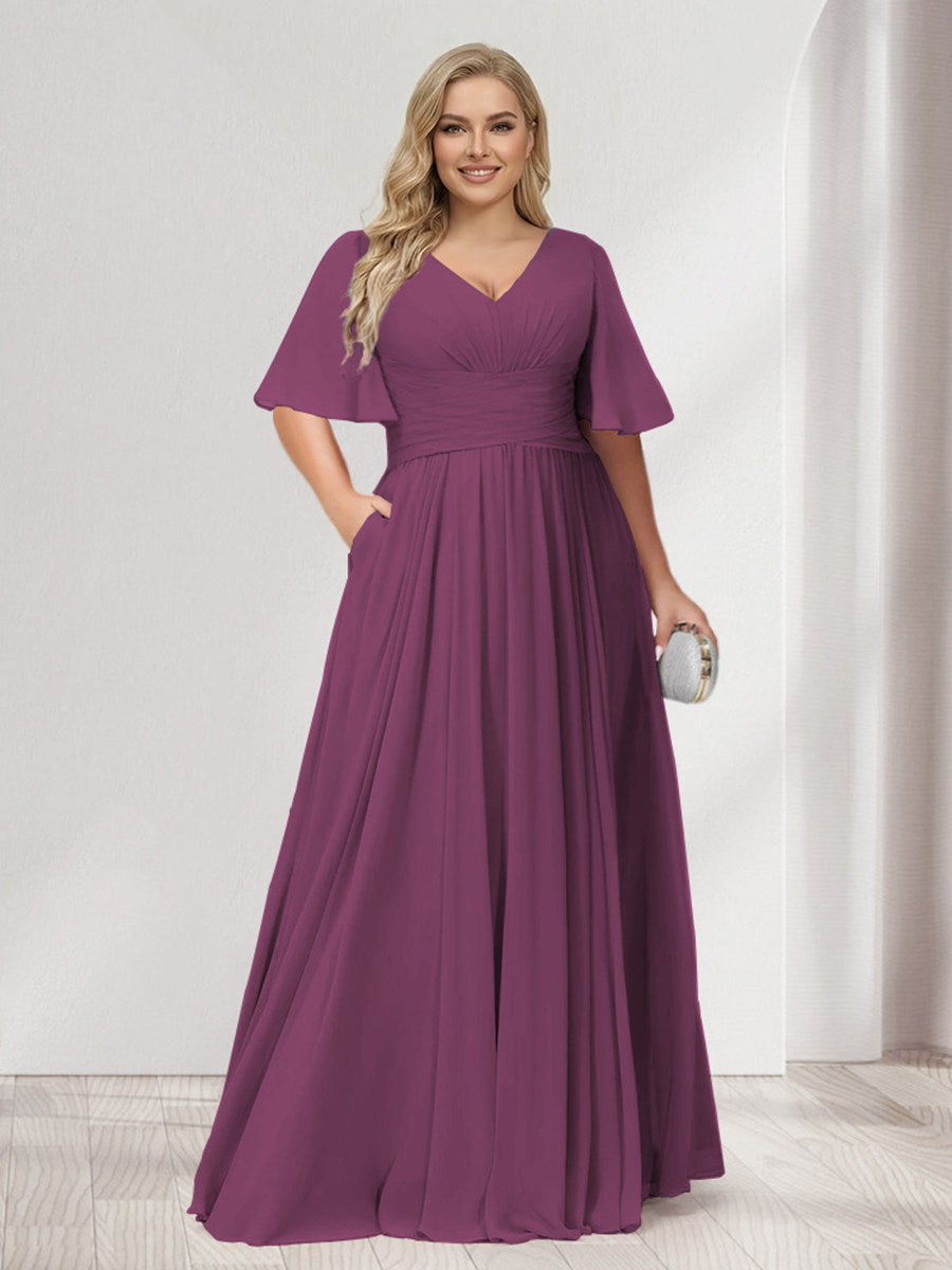 A-Line/Princess V-Neck Half Sleeves Chiffon Plus Size Bridesmaid Dresses with Pockets Orchid