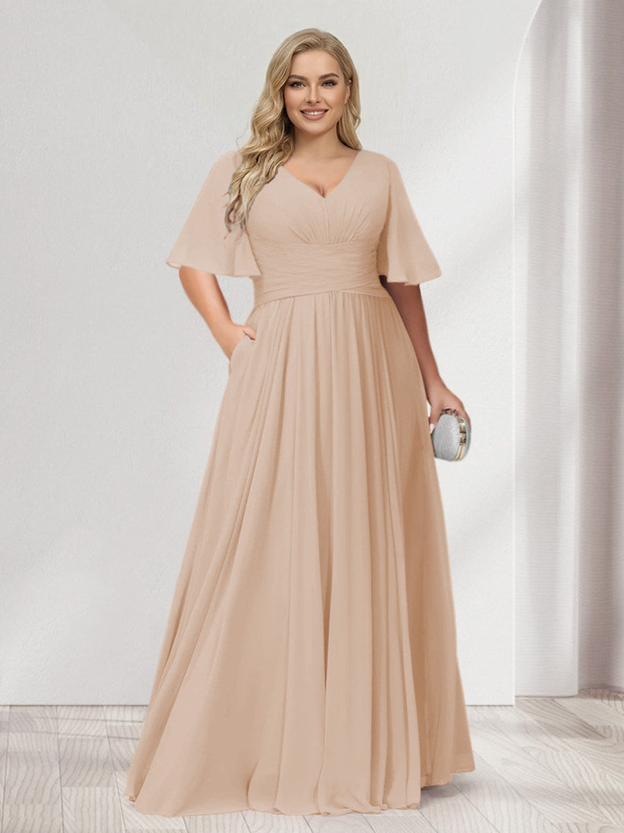 A-Line/Princess V-Neck Half Sleeves Chiffon Plus Size Bridesmaid Dresses with Pockets Peach Pink