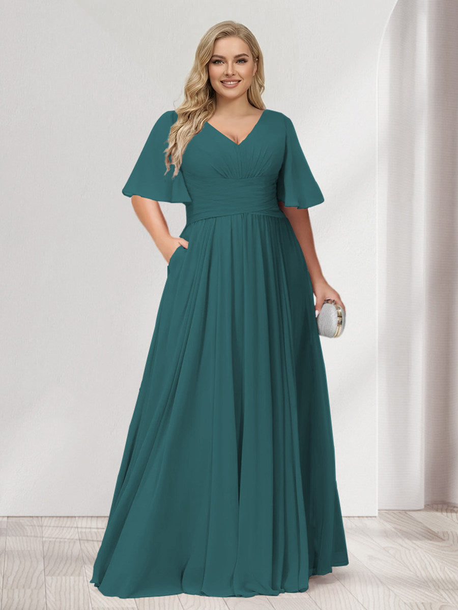 A-Line/Princess V-Neck Half Sleeves Chiffon Plus Size Bridesmaid Dresses with Pockets Peacock
