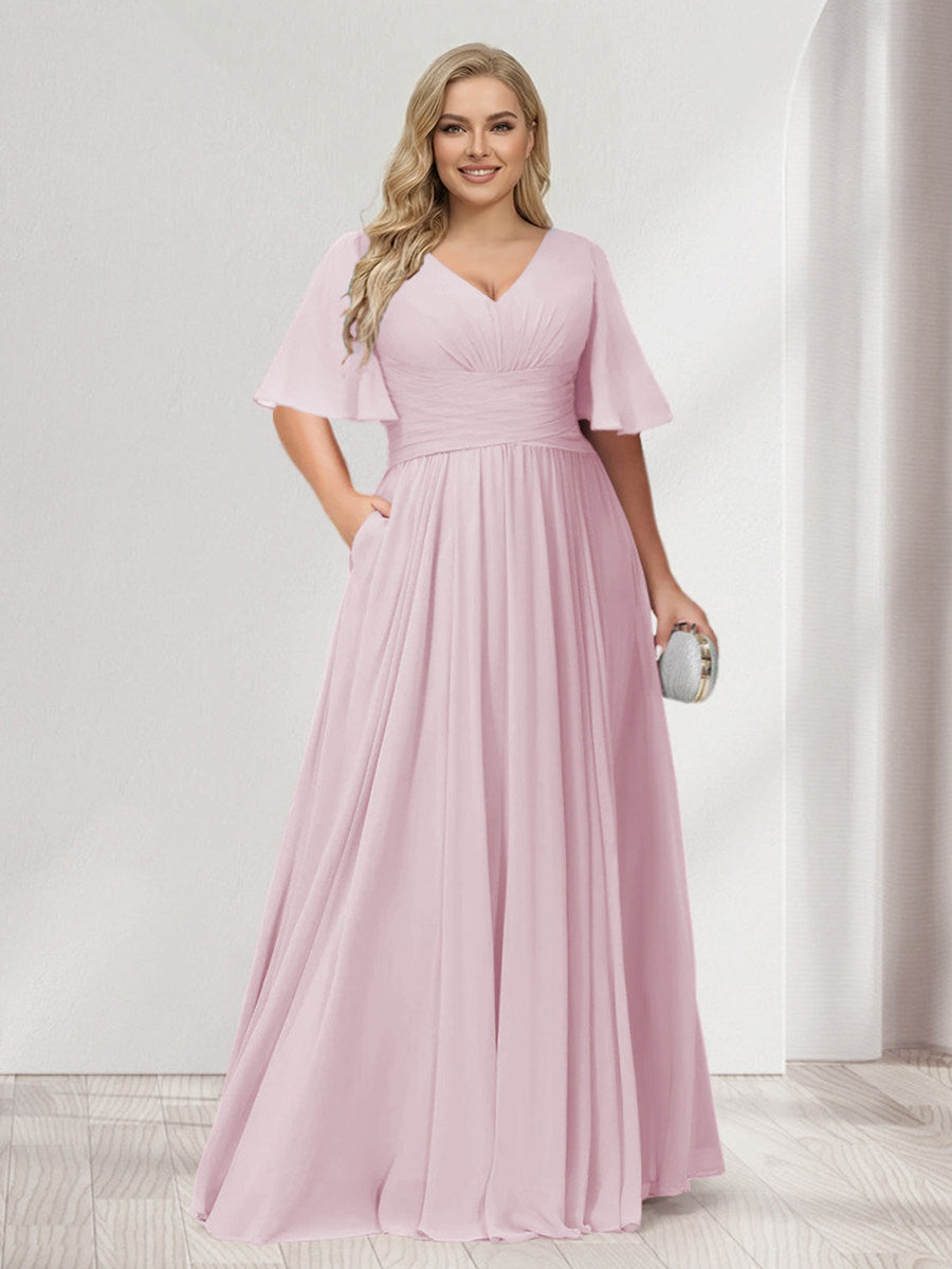 A-Line/Princess V-Neck Half Sleeves Chiffon Plus Size Bridesmaid Dresses with Pockets Pearl Pink