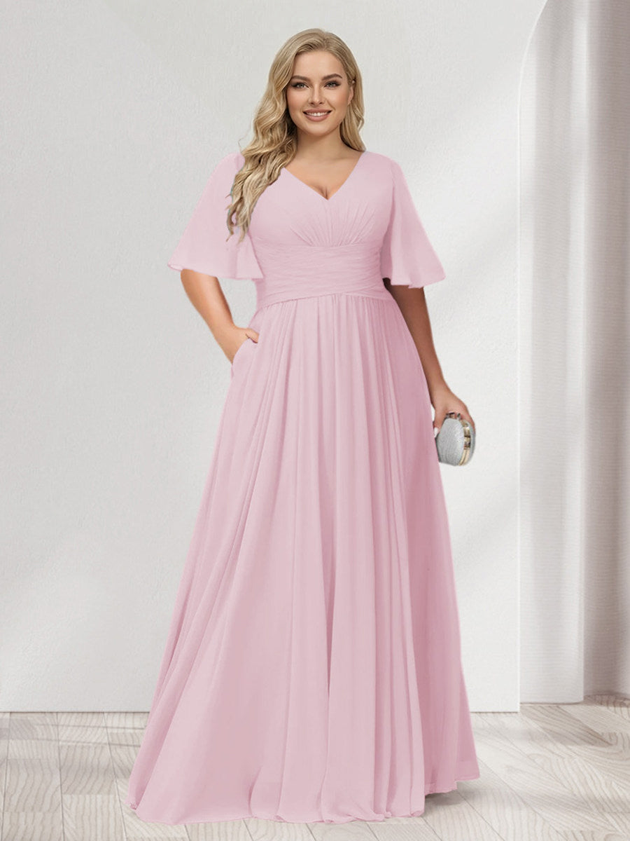 A-Line/Princess V-Neck Half Sleeves Chiffon Plus Size Bridesmaid Dresses with Pockets Pink