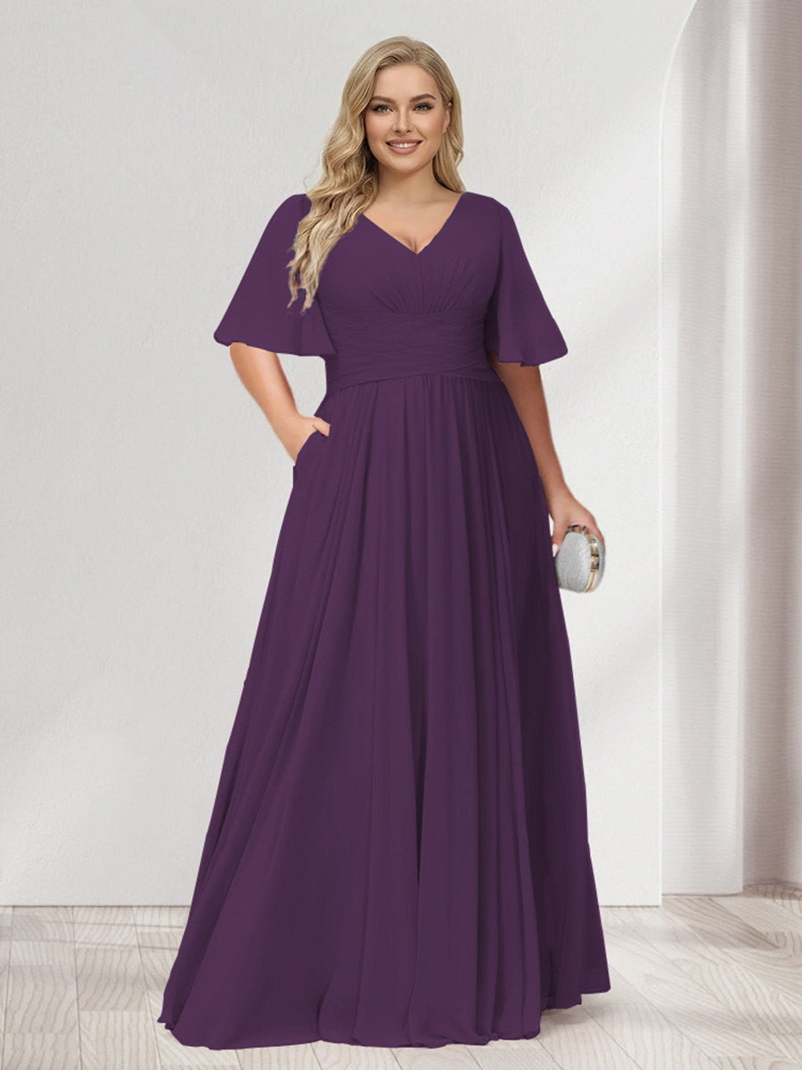 A-Line/Princess V-Neck Half Sleeves Chiffon Plus Size Bridesmaid Dresses with Pockets Plum