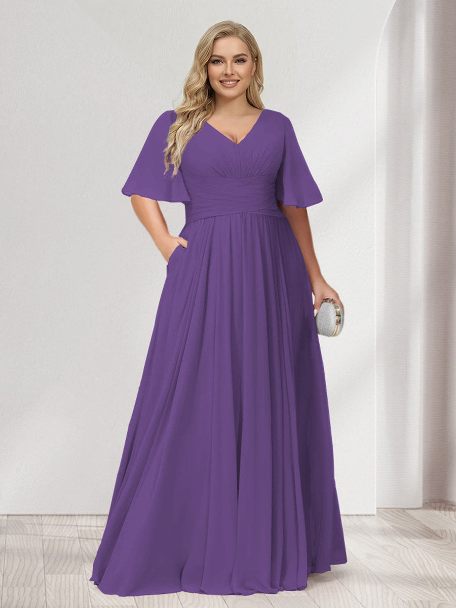 A-Line/Princess V-Neck Half Sleeves Chiffon Plus Size Bridesmaid Dresses with Pockets Purple