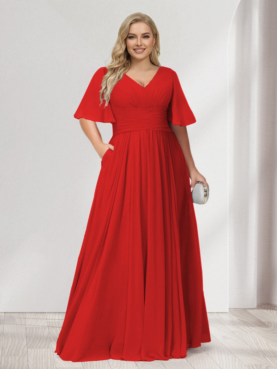 A-Line/Princess V-Neck Half Sleeves Chiffon Plus Size Bridesmaid Dresses with Pockets Red