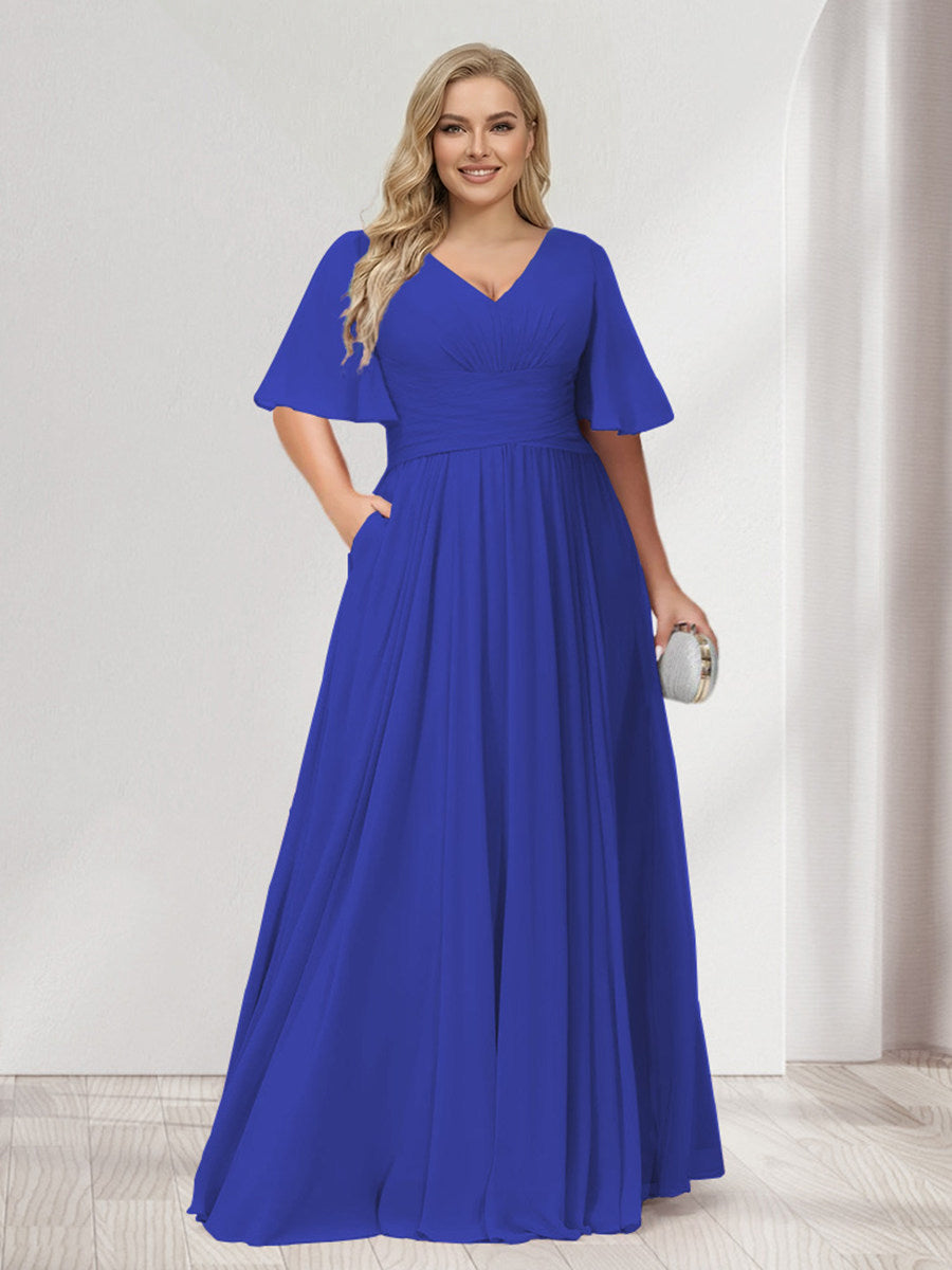 A-Line/Princess V-Neck Half Sleeves Chiffon Plus Size Bridesmaid Dresses with Pockets Royal Blue