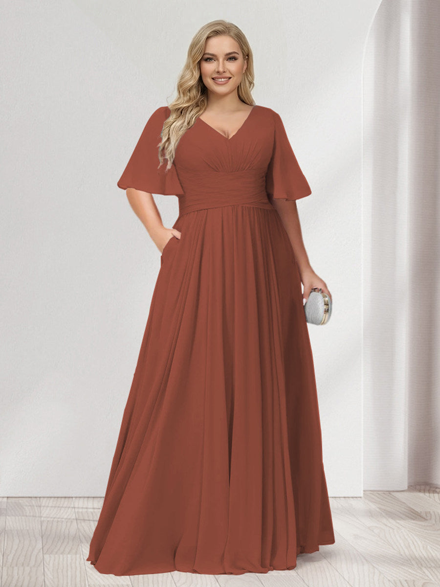 A-Line/Princess V-Neck Half Sleeves Chiffon Plus Size Bridesmaid Dresses with Pockets Rust