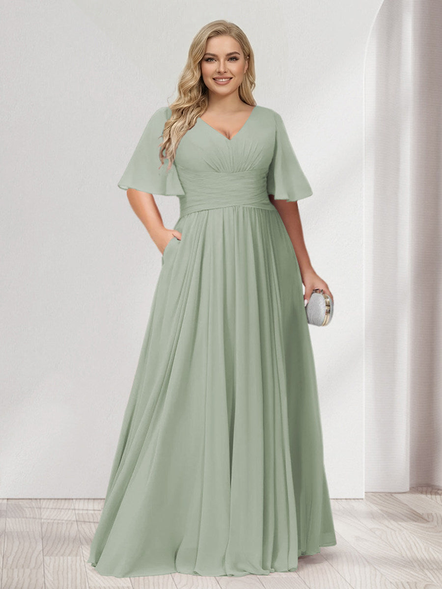 A-Line/Princess V-Neck Half Sleeves Chiffon Plus Size Bridesmaid Dresses with Pockets Sage