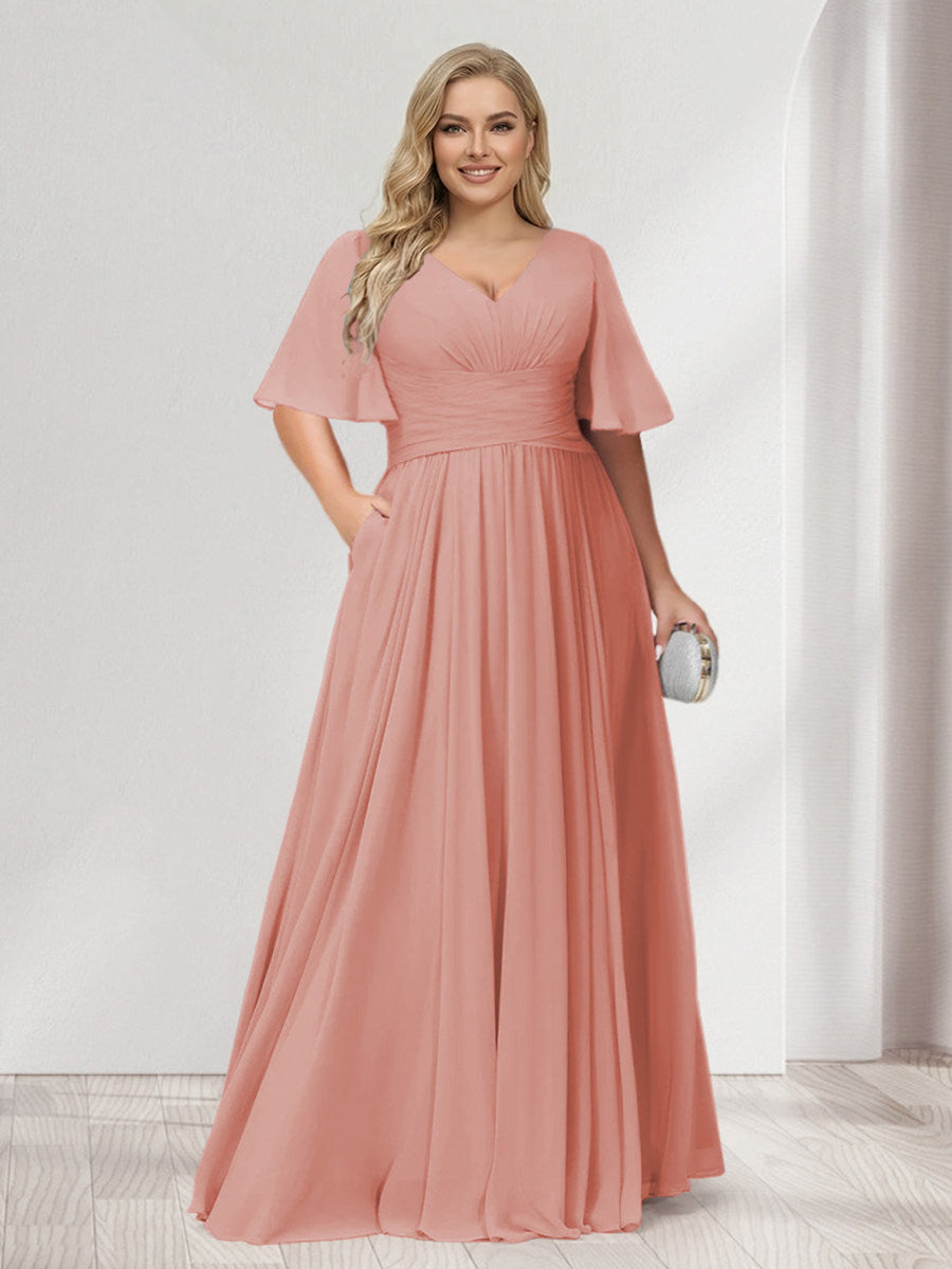 A-Line/Princess V-Neck Half Sleeves Chiffon Plus Size Bridesmaid Dresses with Pockets Salmon
