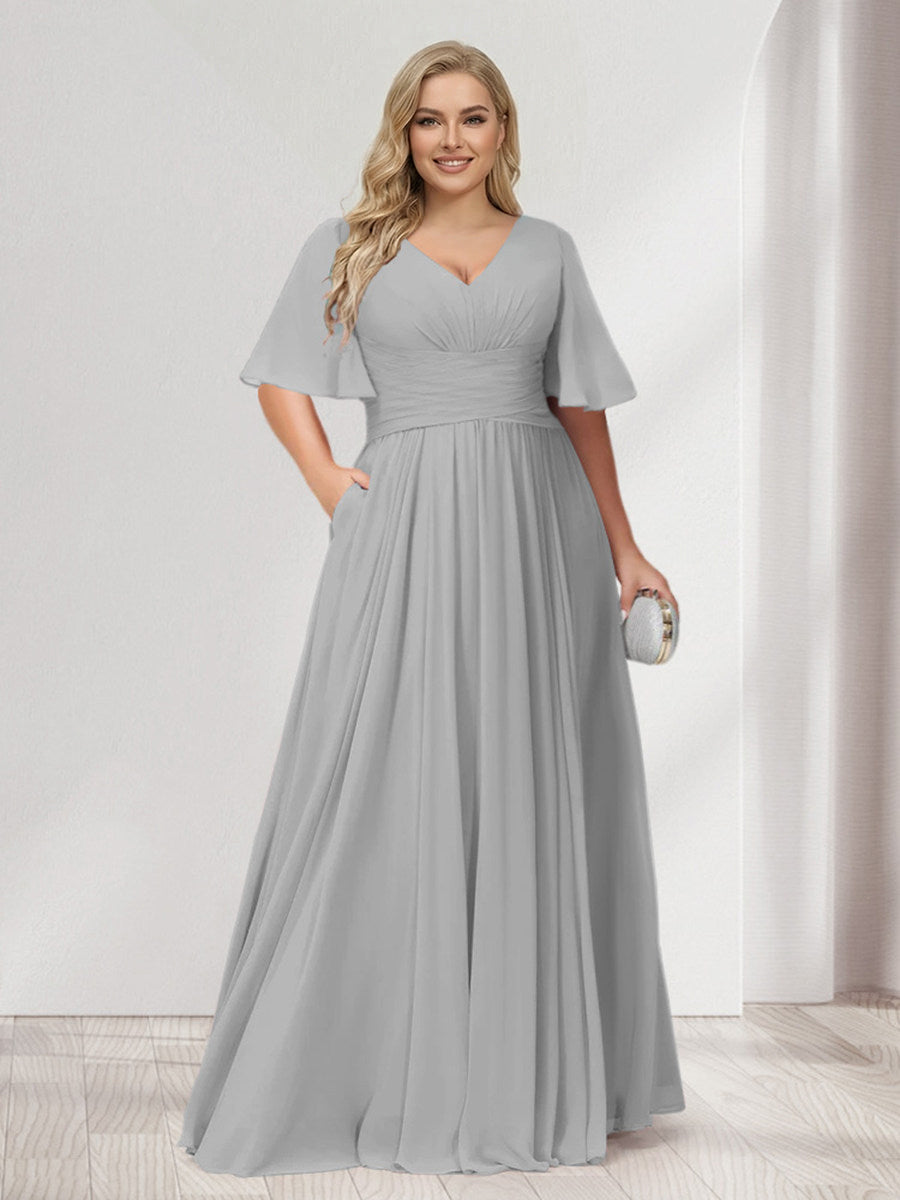 A-Line/Princess V-Neck Half Sleeves Chiffon Plus Size Bridesmaid Dresses with Pockets Silver